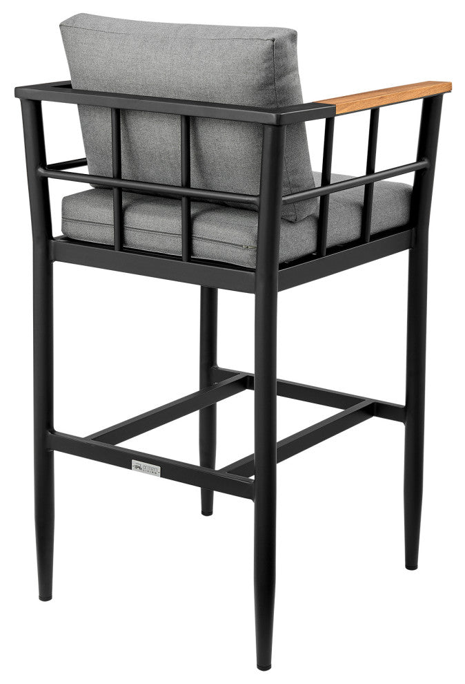 Orlando Outdoor Stool, Aluminum/Teak With Gray Cushions, Bar Height