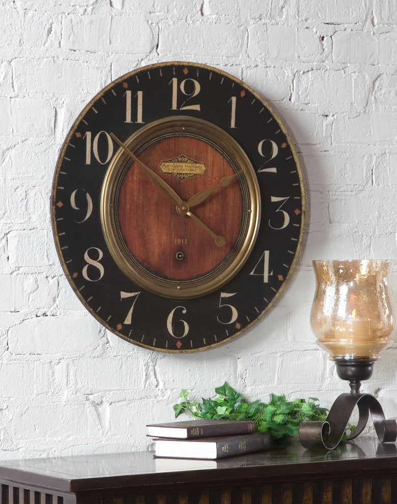 Luxe Dark Classic Brass Wall Clock Wood Look 23" , Retro Vintage Style Round