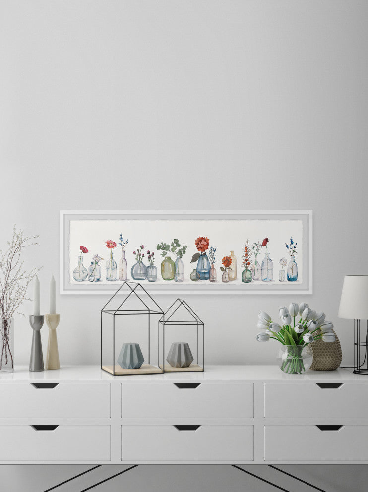 "Flowers in Bottles" Framed Painting Print, 30x10