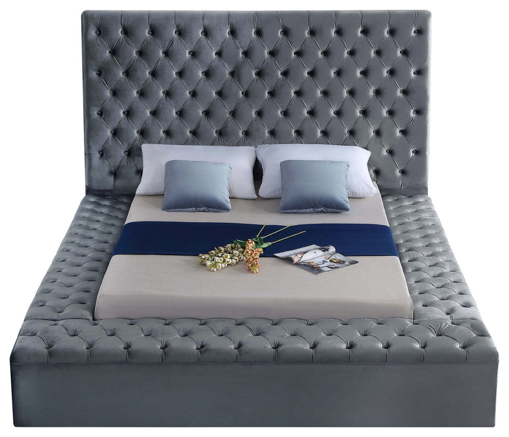 Bliss Velvet Upholstered  Bed, Gray, Full
