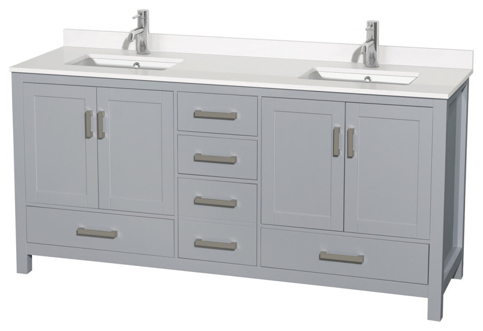 Sheffield 72" Gray Double Vanity, White Quartz Top, Square Sinks, No Mirror