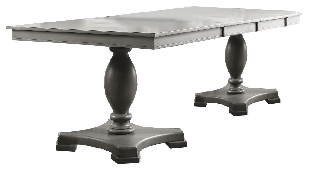 Benzara BM215018 Dining Table With Double Pedestal Base and Extension Leaf, Gray