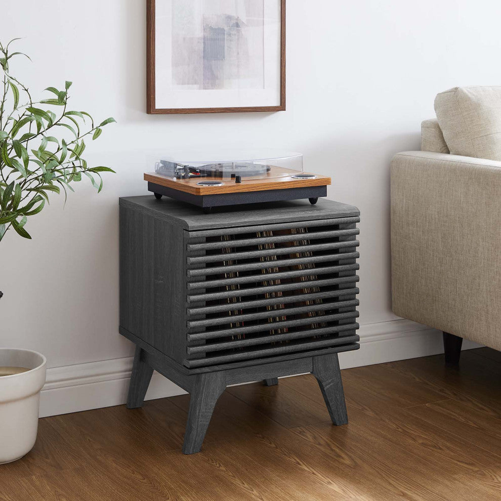 Vinyl Record Side Table Cabinet Stand, Charcoal Gray, Wood, Mid Century