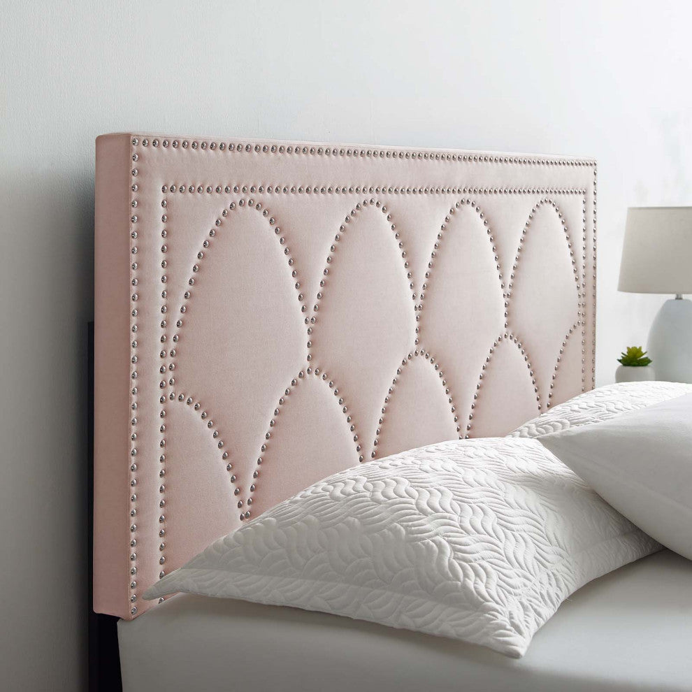 Platform Bed Frame, Nailhead, Queen Size, Pink, Velvet, Modern, Guest Suite