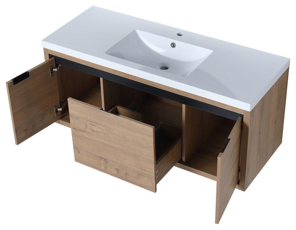 Bathroom Vanity With White Resin Top and Basin, Imitative Oak, 48x18