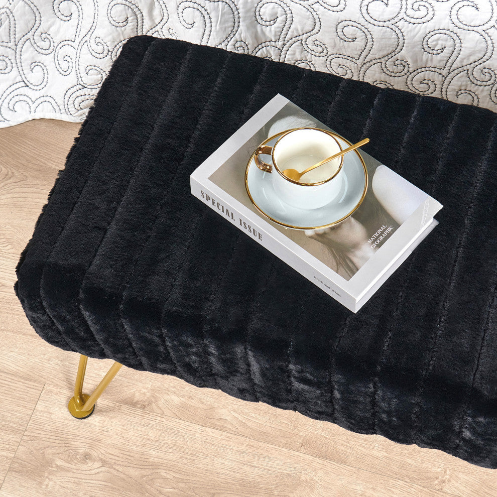 Super Mink Rectangle Ottoman With Golden Legs, Jet Black, 46"x16"x17"