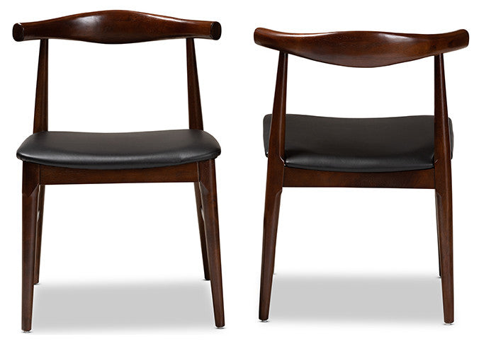 Eira Mid-Century Modern Black Faux Leather Walnut Wood Dining Chair Set of 2