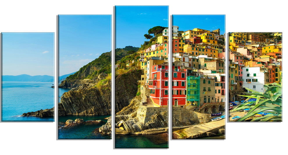 Riomaggiore Village Rocky Beach, Seascape Canvas Art Print, 60"x32", 5 Panels