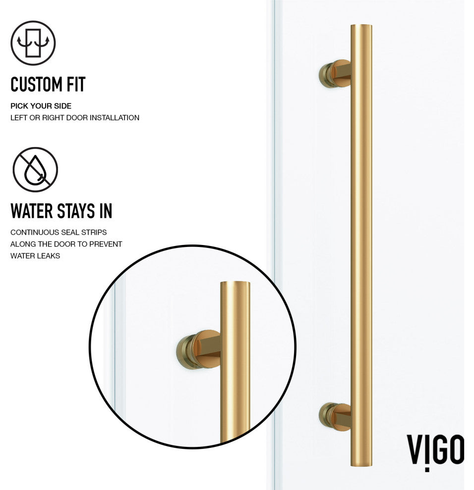 VIGO Elan 56" to 60" W x 66" H Frameless Sliding Tub Door, Matte Gold, Laminated Glass