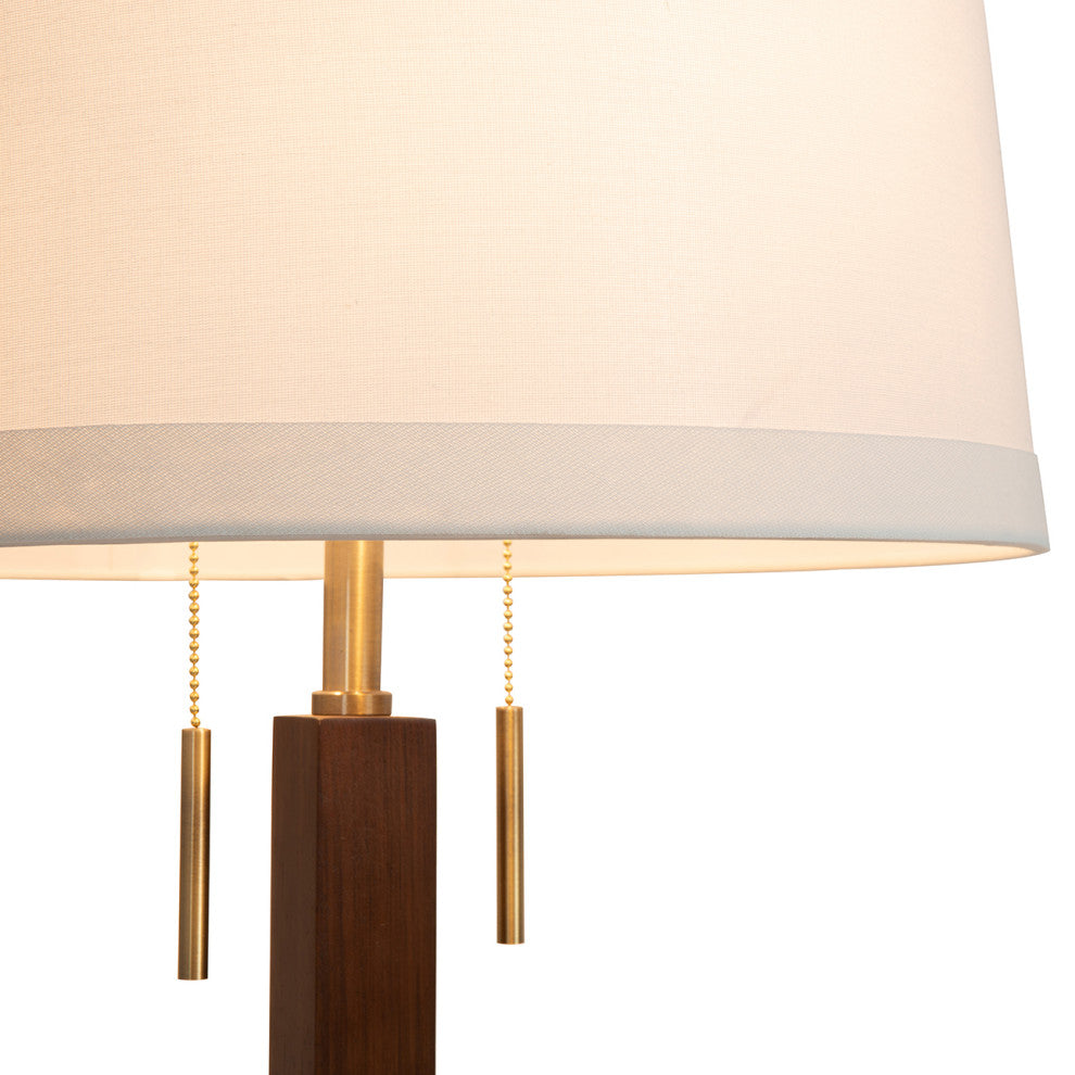 Swiss Cross Table Lamp - Dark Walnut Wood Finish, Weathered Brass, White Shade