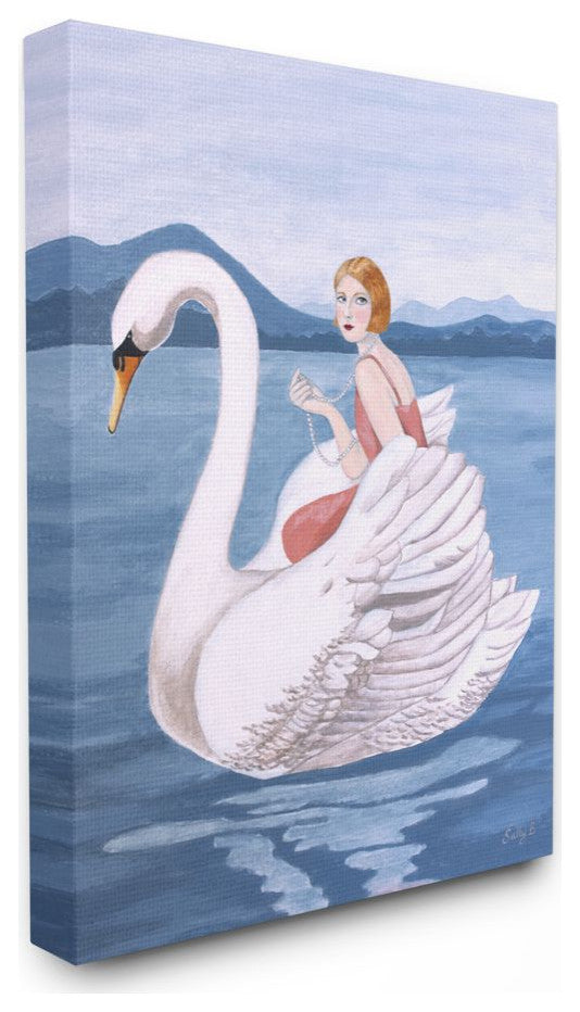 Woman And Swan Blue Water Animal Painting, 16"x20"