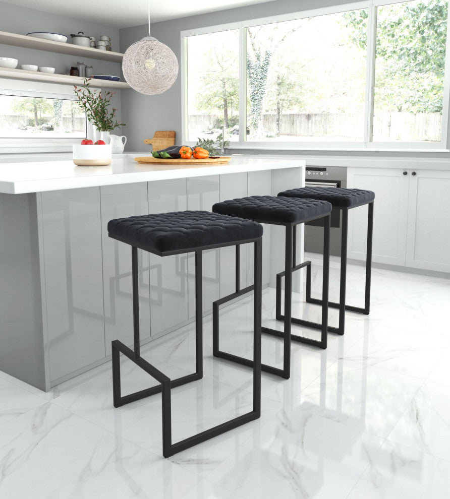 Bar Stool Chair Barstool, Faux Vinyl Leather, Steel, Black, Kitchen Cafe Bistro