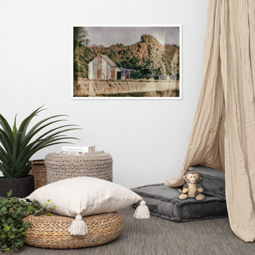 Patriotic Weathered Barn in Field Glass Plate Framed Photo Paper Wall Art Prints, White, 24" X 36"