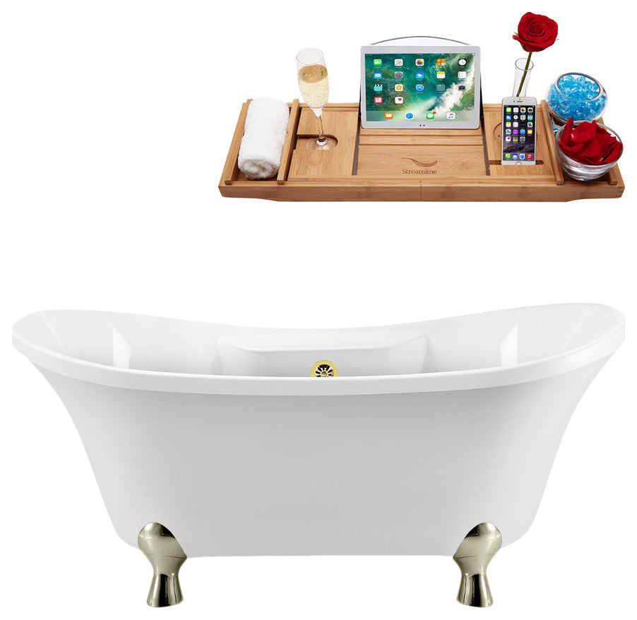 68" Streamline N901BNK-GLD Clawfoot Tub and Tray With External Drain