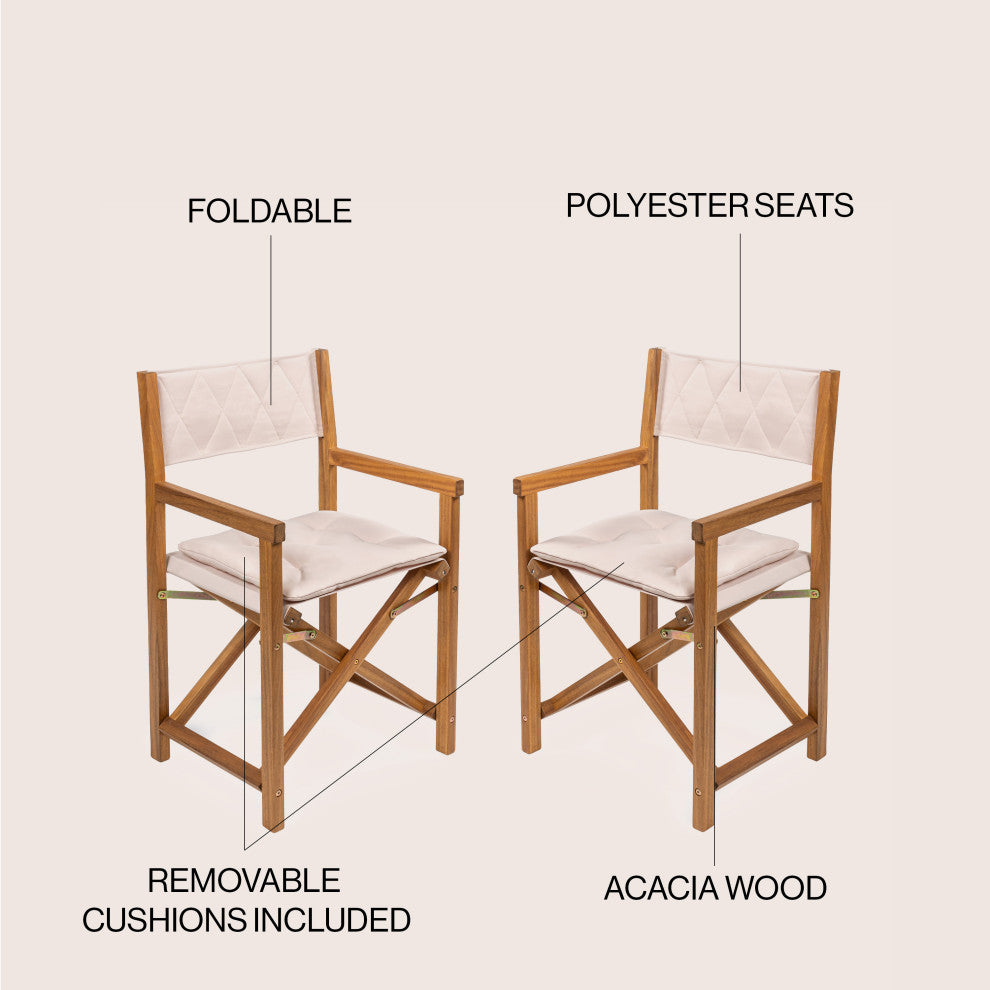 Outdoor Acacia Wood Foldable Diamond-Quilted Back Director Chair, Cushion, Set 2