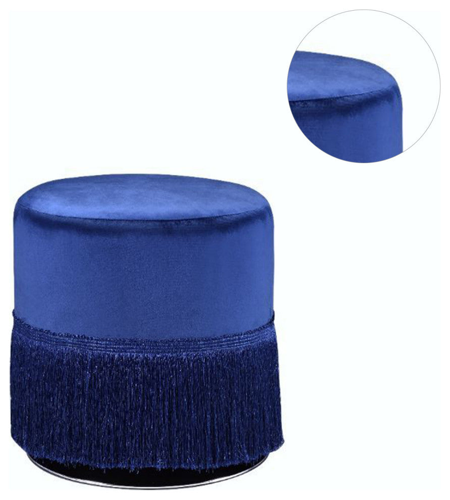 Round Ottoman With Fringe Base, Midnight Blue