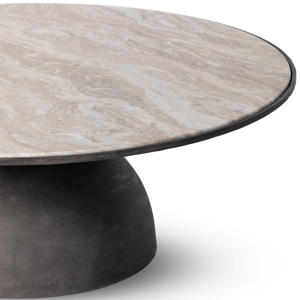 Corbett Large Coffee Table Creamy Taupe Marble, Hammered Grey