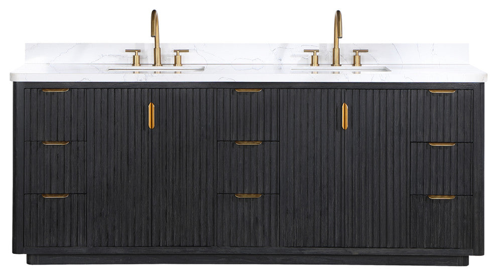 Vinnova Cadiz Bath Vanity, Composite Stone Top, Black, 84", No Mirror