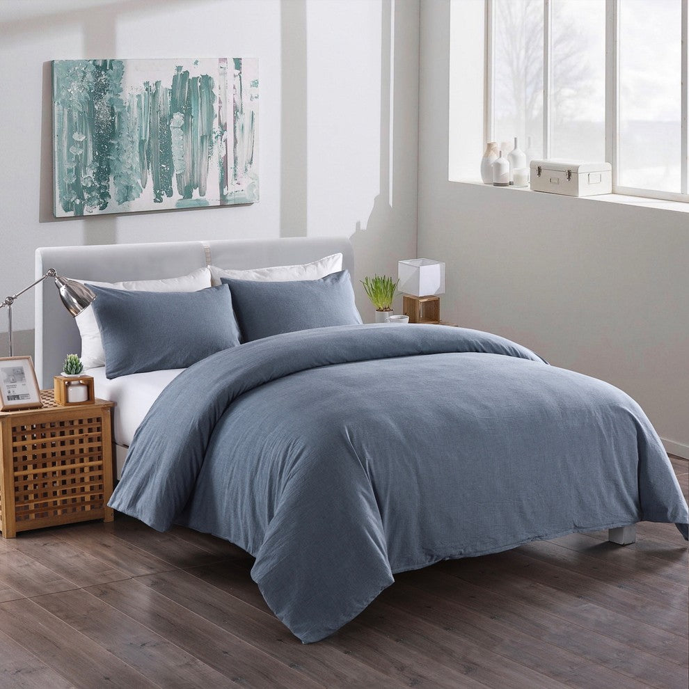 Messy Bed Washed Cotton Duvet Cover and Sham Set, Blue, Full/Queen