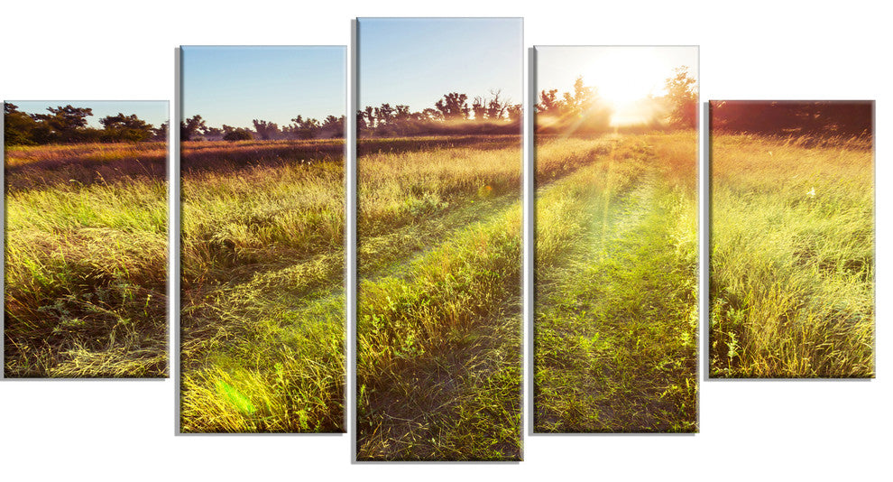 Farm Road in Rural Meadow, Landscape Canvas Art Print, 60"x32", 5 Panels