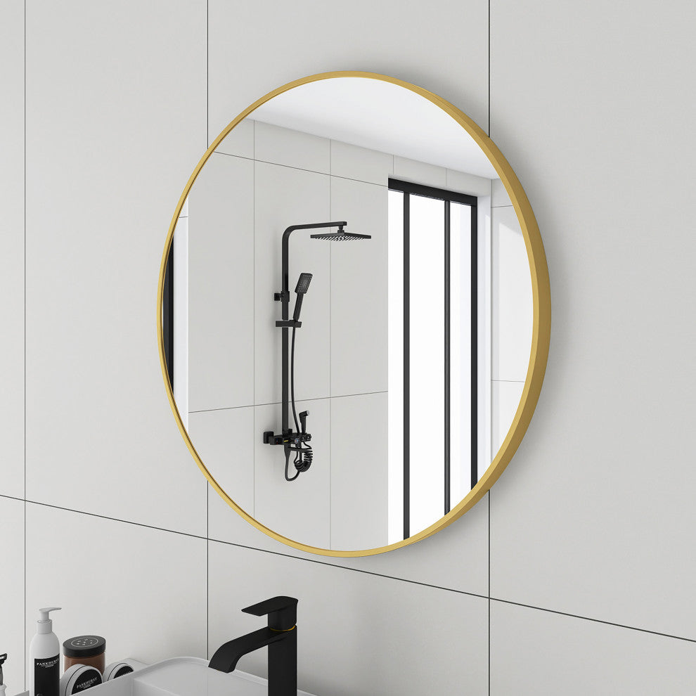 1.57" Wx31.5" H Round Framed Wall Mounted Bathroom Vanity Mirror, Brushed Gold