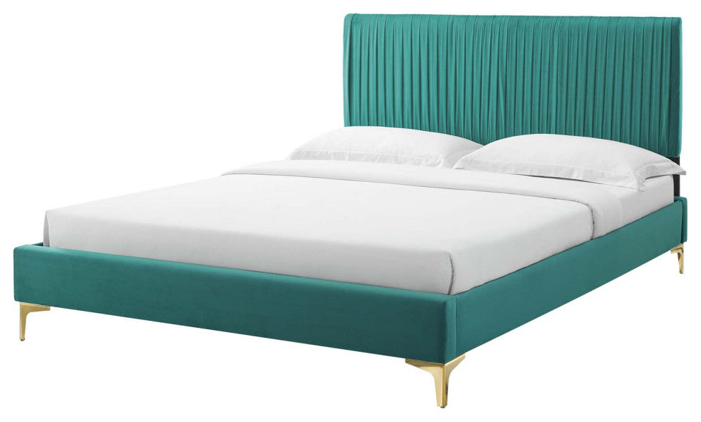 Platform Bed Frame, King Size, Velvet, Teal Blue, Modern Contemporary, Bedroom