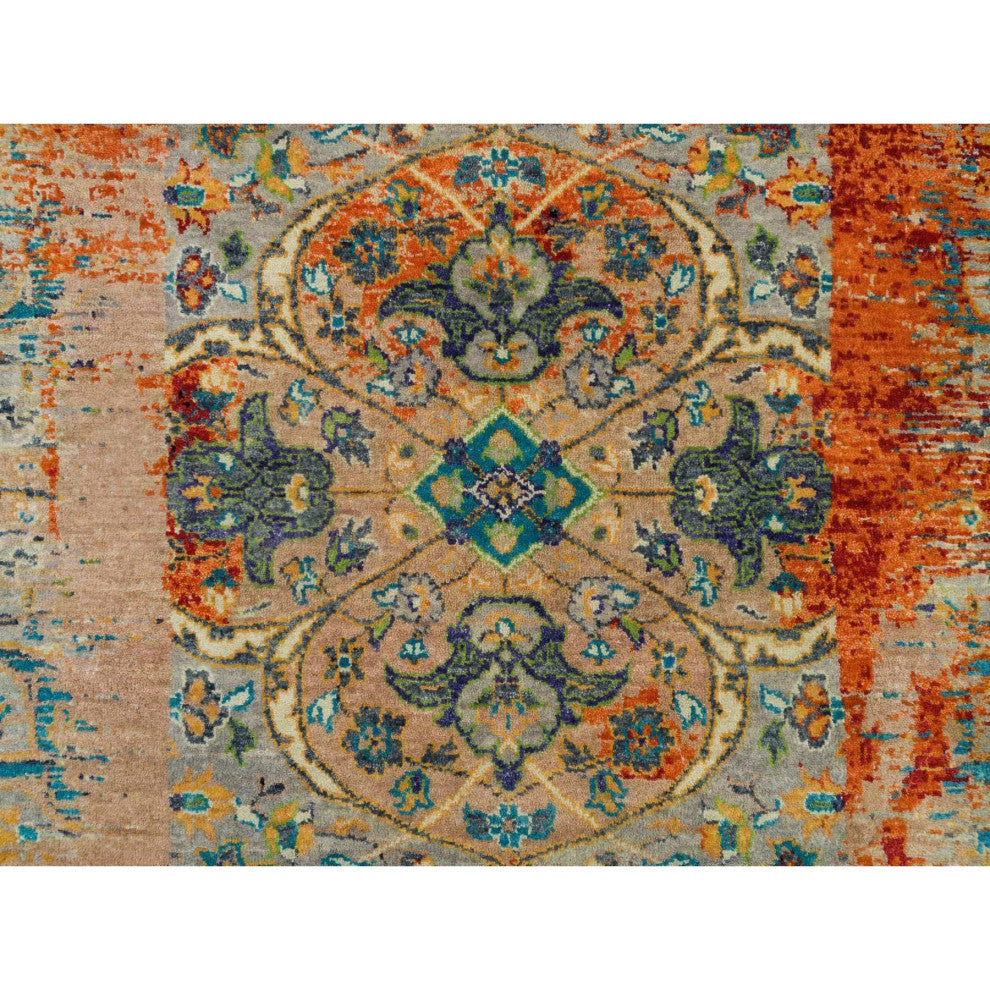 Orange, Ancient Ottoman Erased Design, Wool, Hand Knotted Round Rug, 6'1"x6'1"
