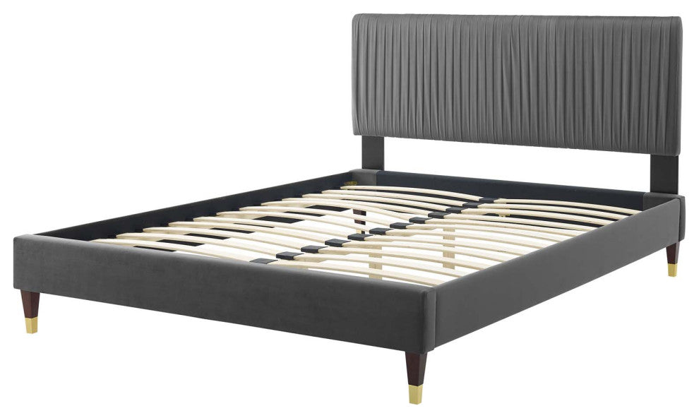 Platform Bed Frame, Twin Size, Velvet, Dark Grey Gray, Modern Contemporary