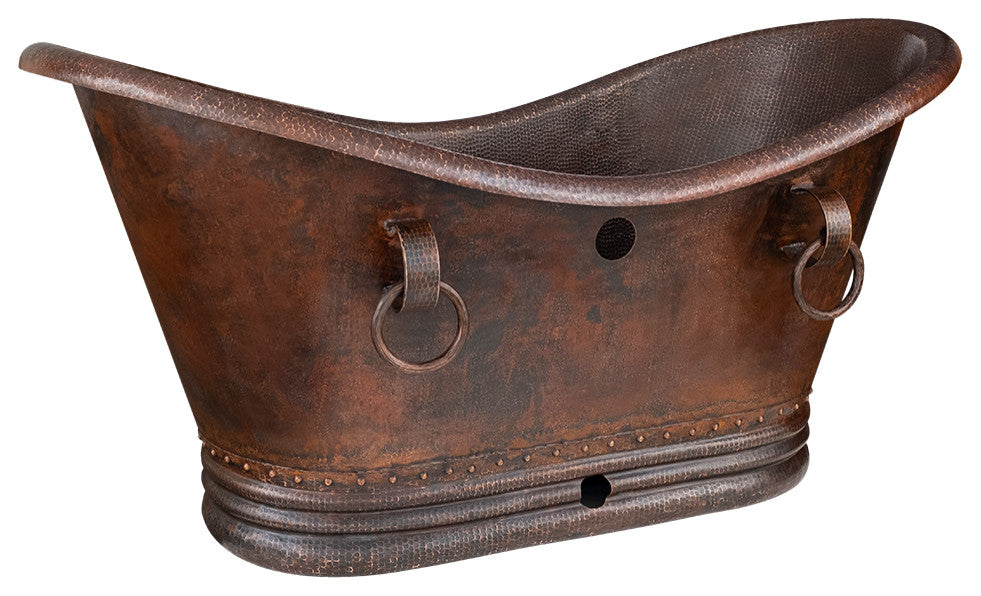 60" Hammered Copper Double Slipper Bathtub With Rings and Overflow Holes