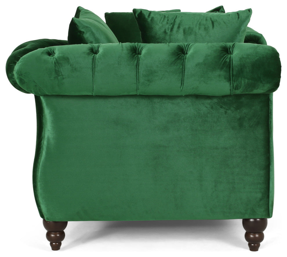 Harrisville Modern Tufted Velvet Tete-a-Tete Chaise Lounge with Accent Pillows, Emerald + Dark Brown