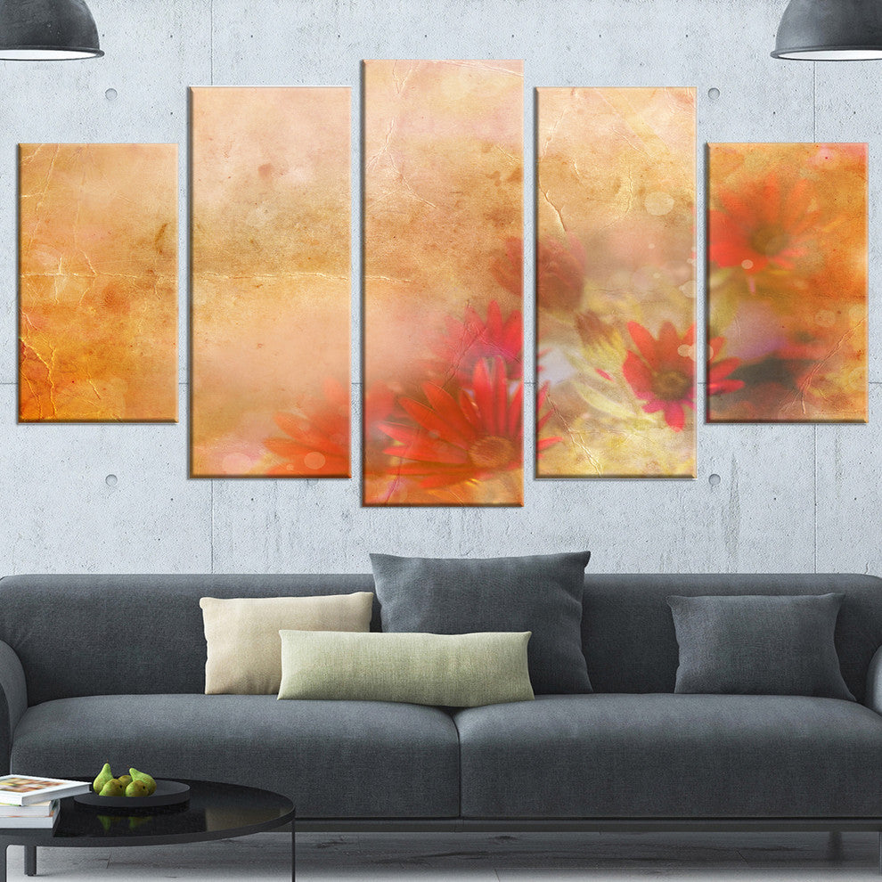 Red and Pink Flowers on Brown, Large Floral Canvas Artwork, 60"x32", 5 Panels