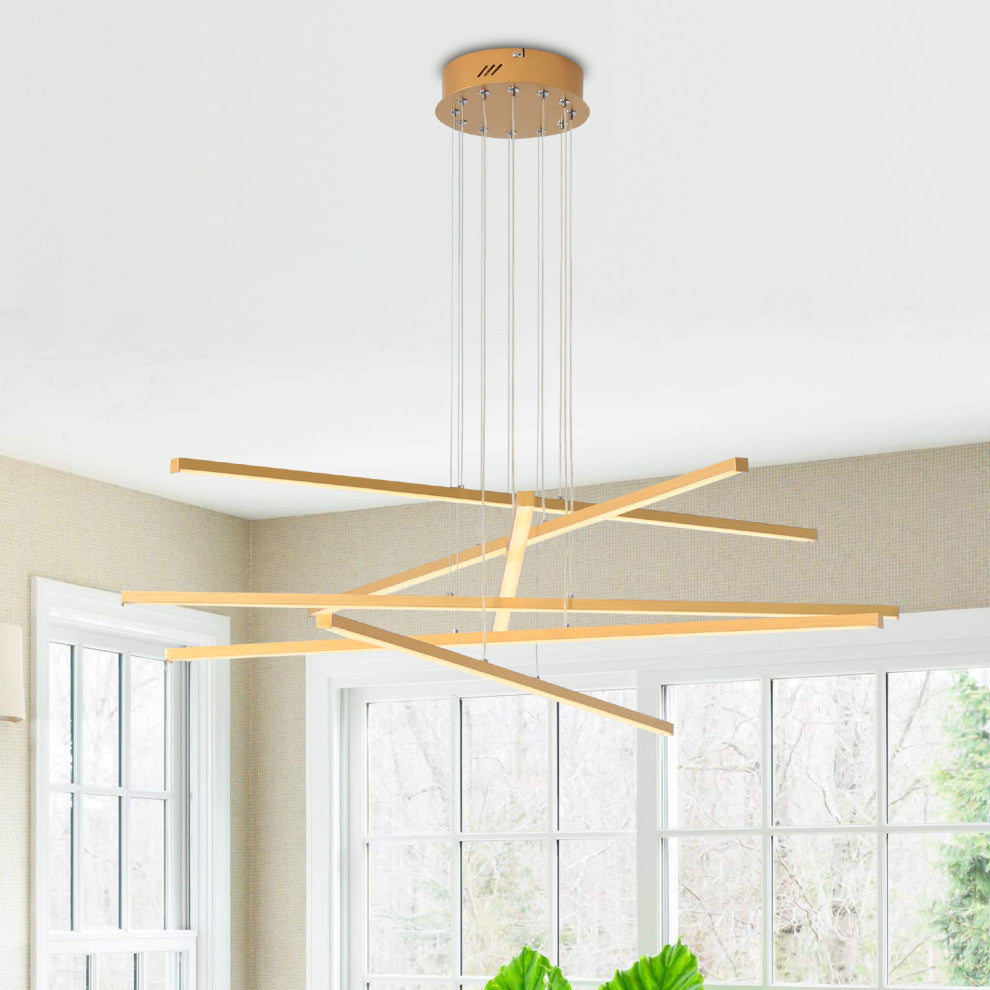 LED Modern Line Pendant Light Dimming, Remote, Aluminum Light, Gold, 6 Lights