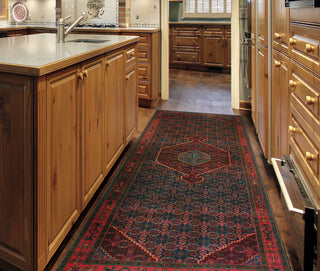 Fine Vintage Distressed Kirman Burgundy/Navy Runner, 4'3x9'3