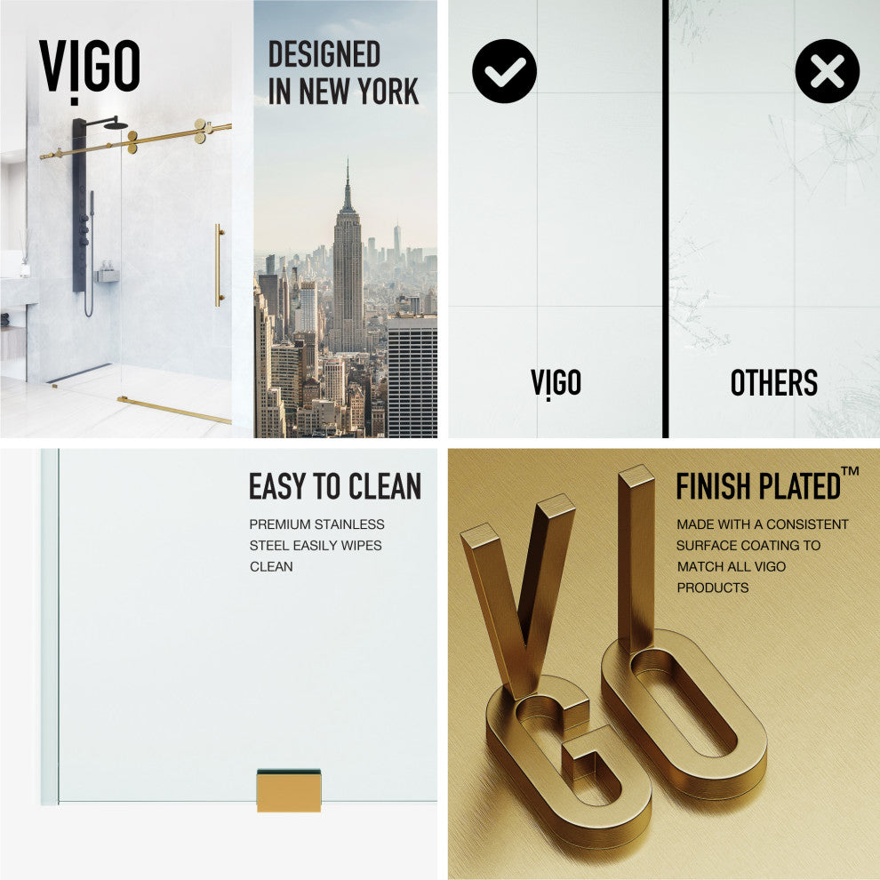 VIGO Elan 64" to 68" W x 74" H Frameless Sliding Shower Door, Matte Gold, Clear Glass