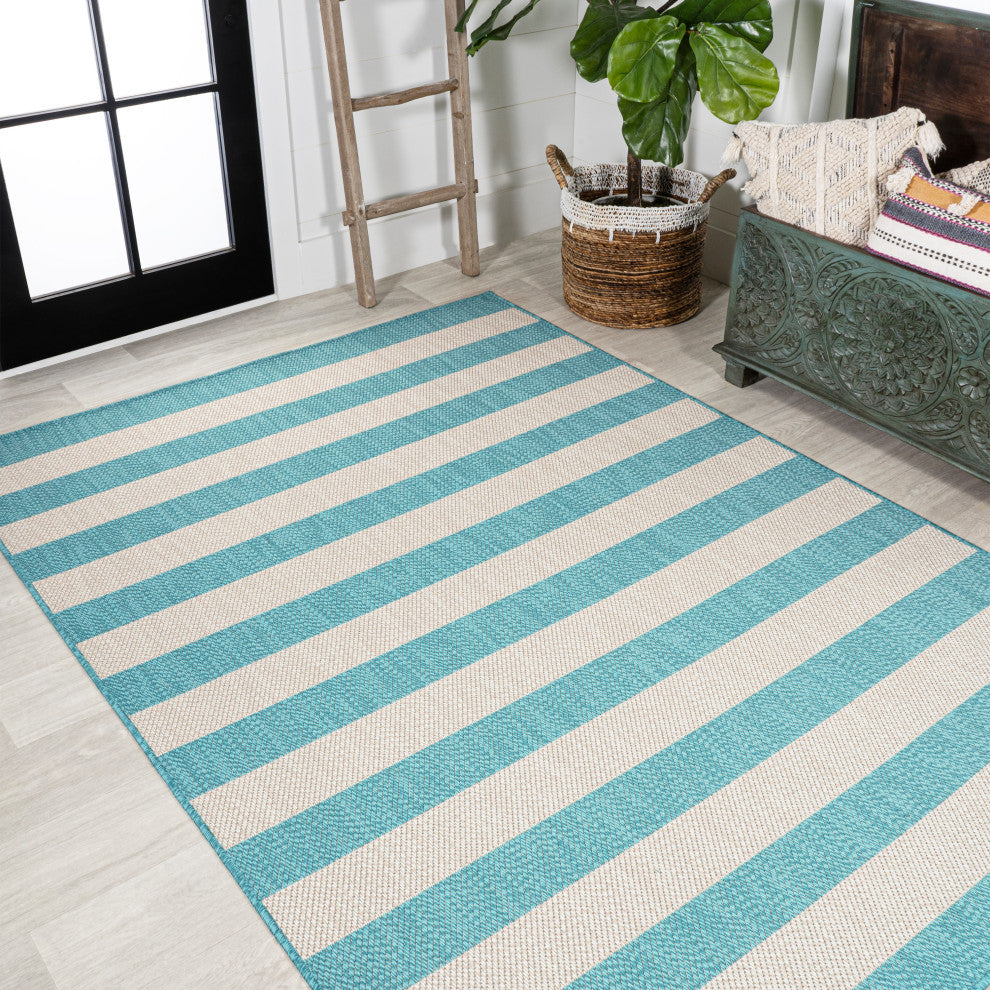 Negril Two-Tone Wide Stripe Indoor/Outdoor Area Rug, Aqua/Cream, 8x10