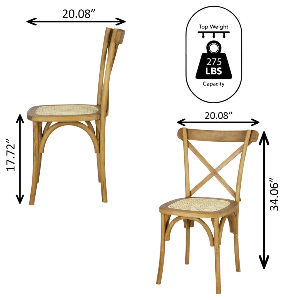 Cassis Classic Traditional X-Back Wood Rattan Dining Chair, Set of 2