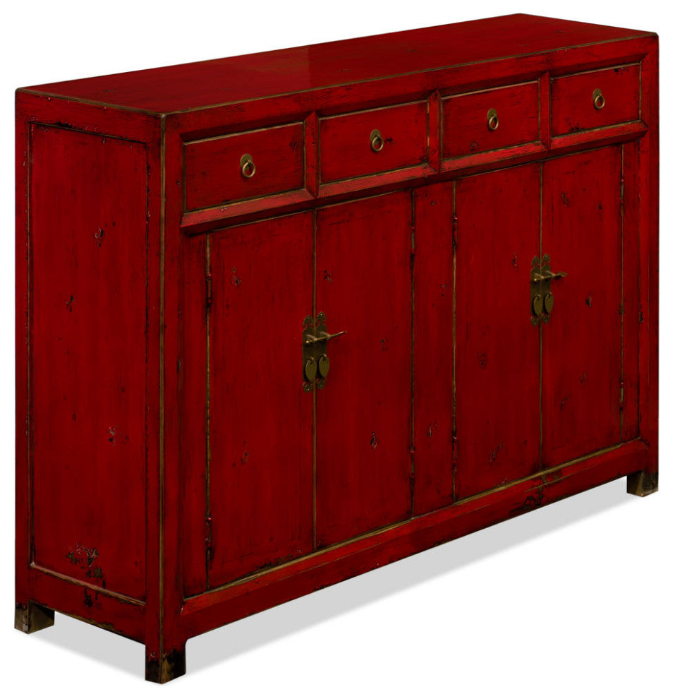 Distressed Red Elmwood Chinese Ming Sideboard