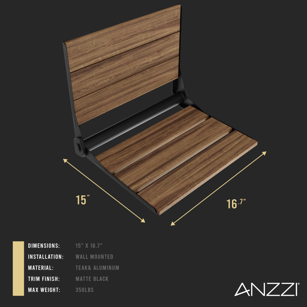 Saxon 17 in. Teak Wall Mounted Folding Shower Seat, Matte Black