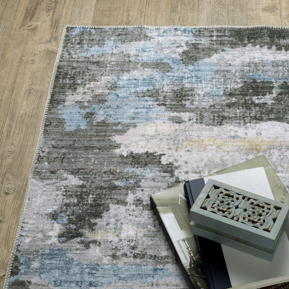 Michaela Machine Washable Distressed Grey/ Blue Area Rug, Ivory, 7'6"x10'