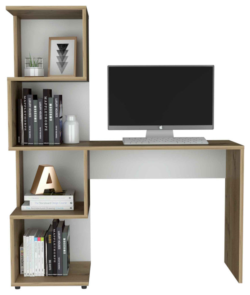 Lincoln Desk with Bookcase and 4 Storage Shelves, Light Oak/White