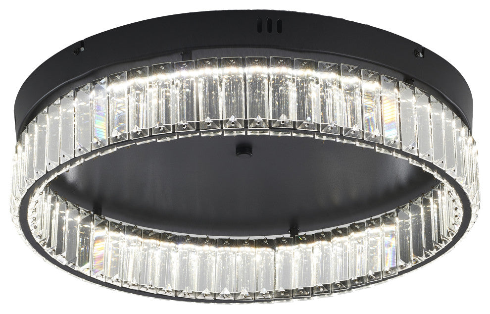 1-Light Black Dimmable LED Flush Mount With Clear Crystals