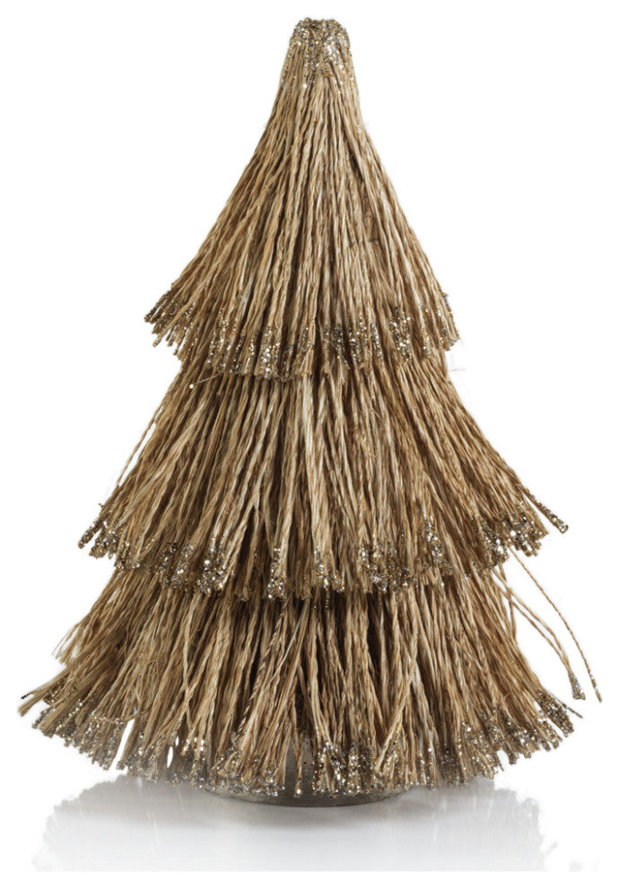 All Natural Abaca Rope Decorative Tree With Champagne Glitter Trim, 8"