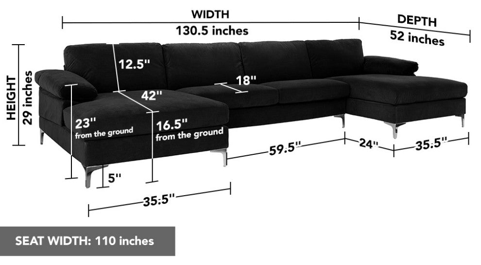 Large Velvet Fabric U-Shape Sectional Sofa, Black