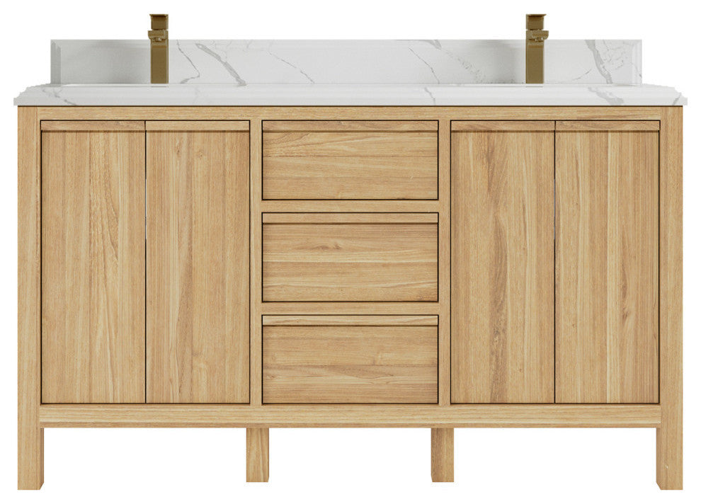 Elizabeth 60 Double Bathroom Vanity in Light Natural Teak 1.5" Calacatta Laza