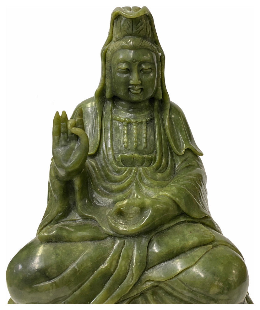 Green Stone Carved Guan Yin Tara Bodhisattva Avalokitesvara Statue Hws1795