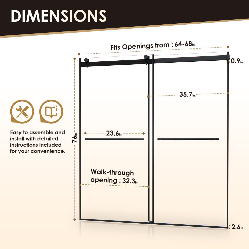Frameless Exposed Roller Shower Door, Clear Glass, Matte Black, 68" W X 76" H