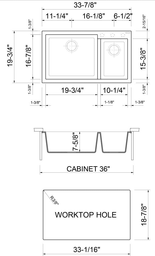 ALFI brand AB3319UM-BLA Black 34" Undermount Granite Composite Kitchen Sink