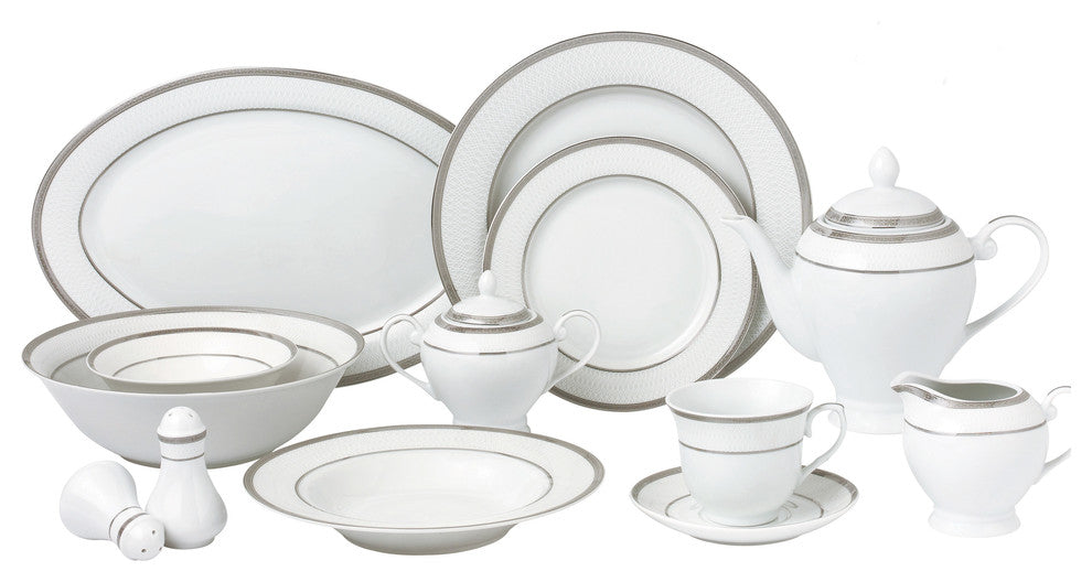 57 Piece Silver Border Porcelain Dinnerware Set-Service for 8-Ashley