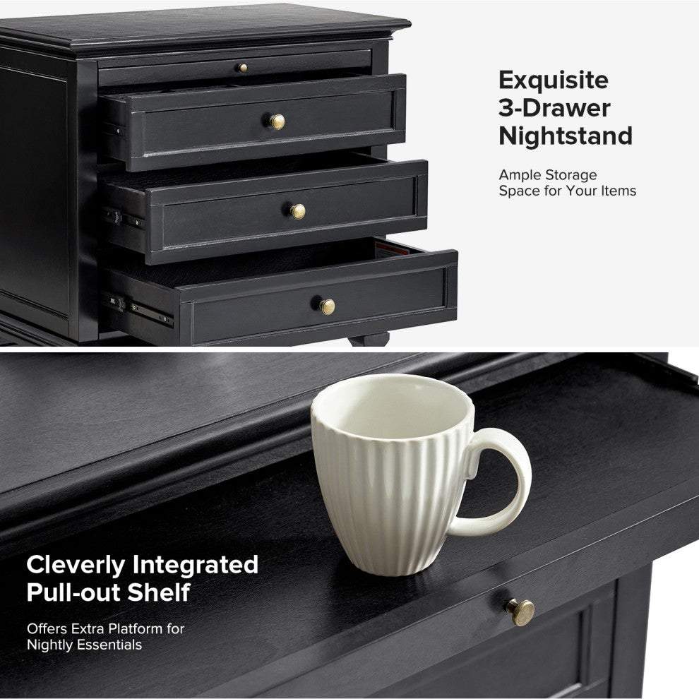 3-Drawer Nightstand With  Built-In Outlets, Black