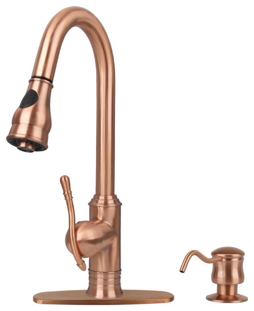 Copper Pull Down Kitchen Faucet With Soap Dispenser and Deck Plate, All, One
